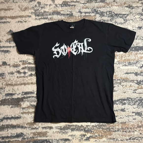 Black Graphic Tee with White and Red Design - Picture 1 of 4